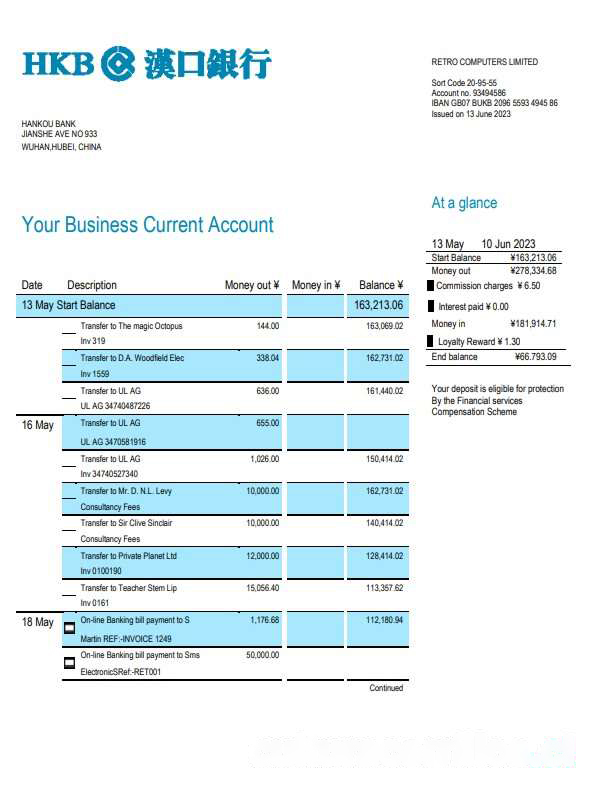 Hankou Bank organization account statement Word and PDF template download template file