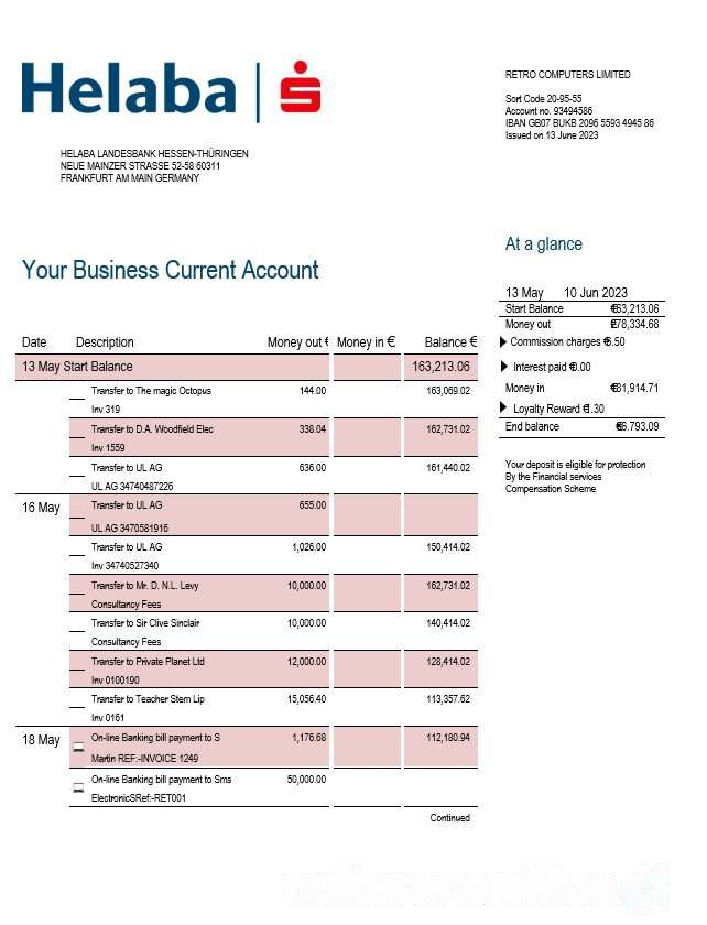 Helaba Bank firm account statement Word and PDF template download template file