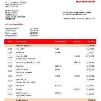 Hua Nan Financial Holdings firm bank statement Word and PDF template download template file