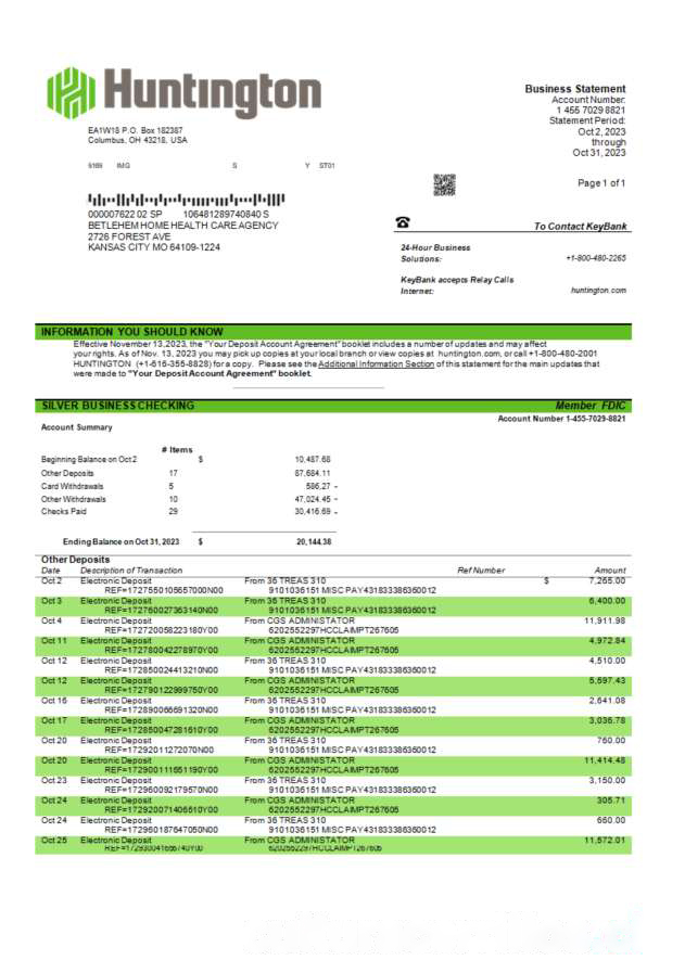 Huntington Bancshares corporate bank statement Word and PDF template download template file