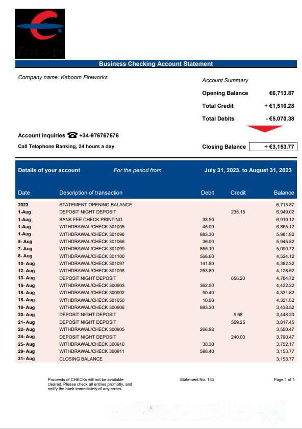 Ibercaja Bank firm account statement Word and PDF template download template file