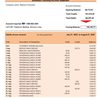 ICBC bank business checking account statement Word and PDF template download template file