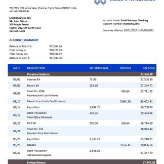 Indian Overseas Bank organization account statement Word and PDF template download template file