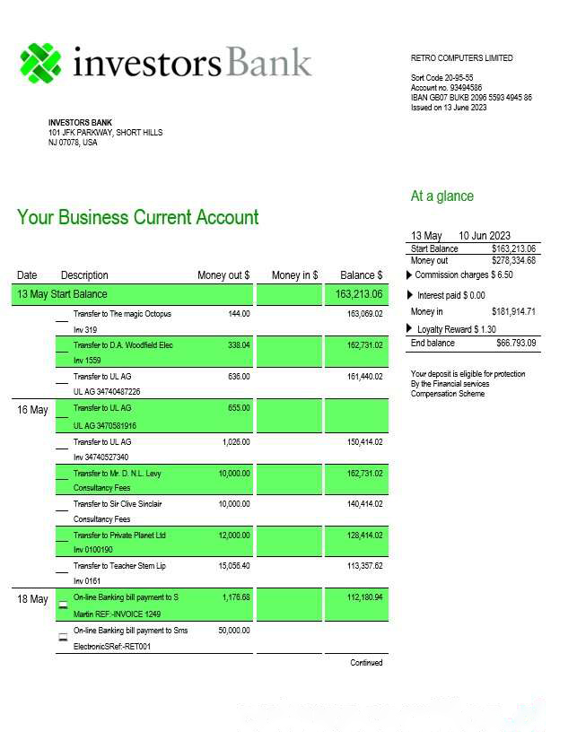 Investors Bank business checking account statement Word and PDF template download template file