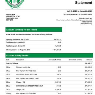 Islami enterprise account statement Word and PDF template download template file