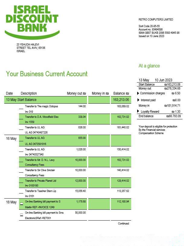 Israel Discount Bank firm statement Word and PDF template download template file