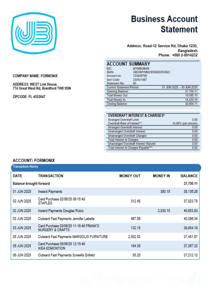 Janata bank business bank statement Word and PDF format download template file