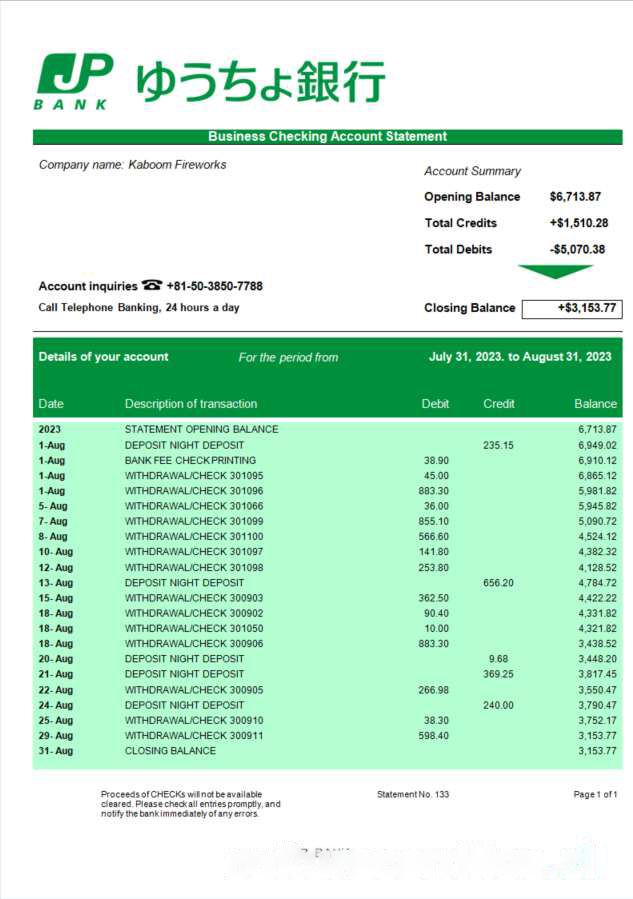 JP Bank (Japan Post Bank) organization statement Word and PDF template download template file