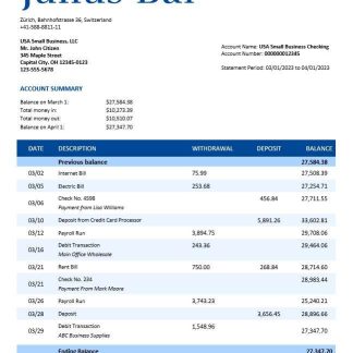 Julius Baer Bank company statement Word and PDF template download template file