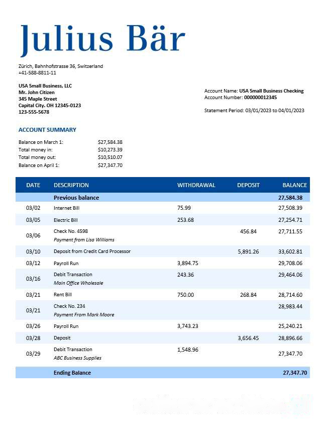 Julius Baer Bank company statement Word and PDF template download template file