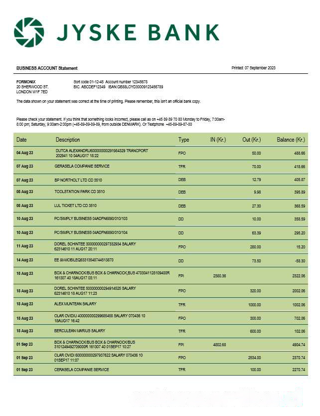 Jyske Bank business statement Word and PDF template download template file