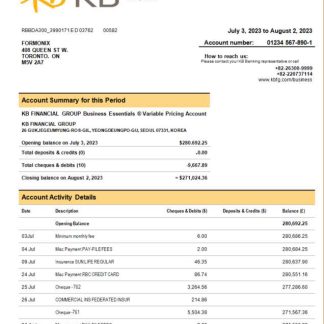 KB Financial Group bank company checking account statement Word and PDF template download template file