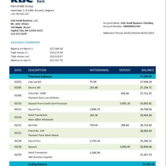 KBC Bank corporate account statement Word and PDF template download template file