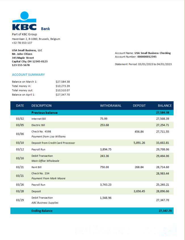 KBC Bank corporate account statement Word and PDF template download template file