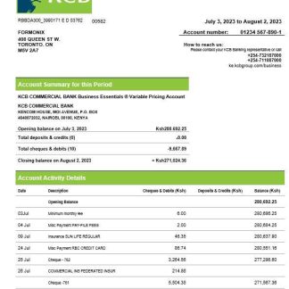 Kenya Commercial Bnak firm account statement Word and PDF template download template file