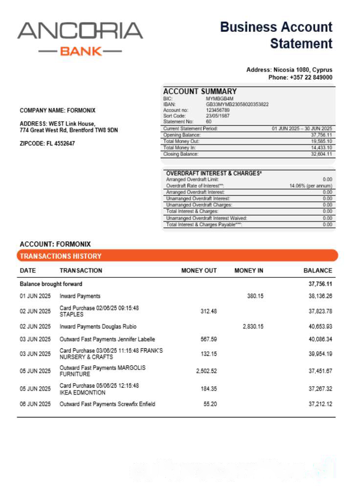 Ancoria bank business account statement Word and PDF template download template file