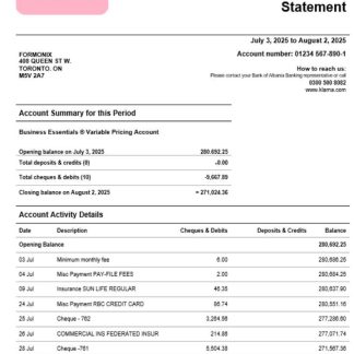 Klarna Bank firm account statement Word and PDF template download template file