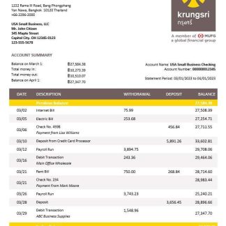 Krungsri Bank of Ayudha business statement Word and PDF template download template file