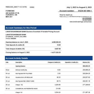 Lansforsakrigar Bank company checking account statement Word and PDF template download template file