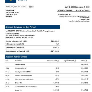Laurentian Bank enterprise account statement Word and PDF template download template file