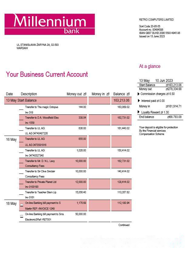 Millenium Bank enterprise statement Word and PDF template download template file