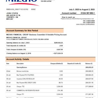 Mizuho Financial Group bank company account statement Word and PDF template download template file