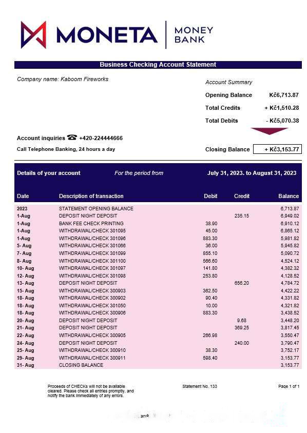 Moneta Money Bank firm account statement Word and PDF template download template file