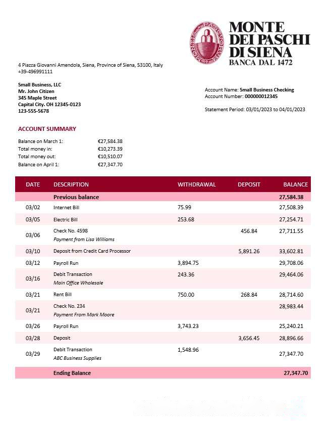 Monte dei Paschi di Siena firm account statement Word and PDF template download template file