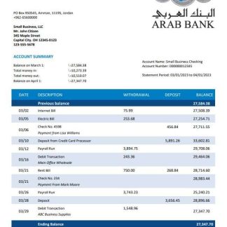 Arab Bank organization checking account statement Word and PDF template download template file