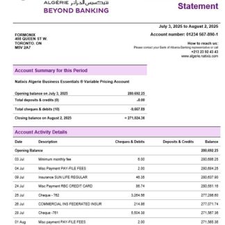 Natixis Algerie business bank statement Word and PDF format download template file