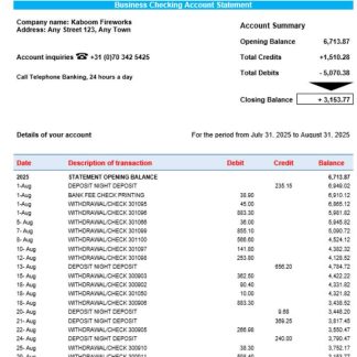 NIBC Bank business organization checking statement Word and PDF format download template file