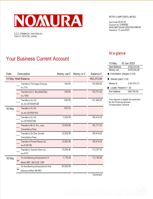 Nomura Bank business statement Word and PDF template download template file