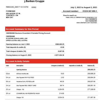 Oberbank company checking account statement Word and PDF template download template file