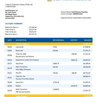 Old National Bank organization account statement Word and PDF template download template file