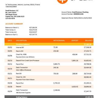 OP Bank company account statement Word and PDF template download template file
