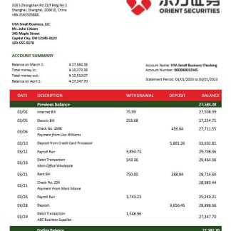 Orient Securities business bank statement Word and PDF template download template file