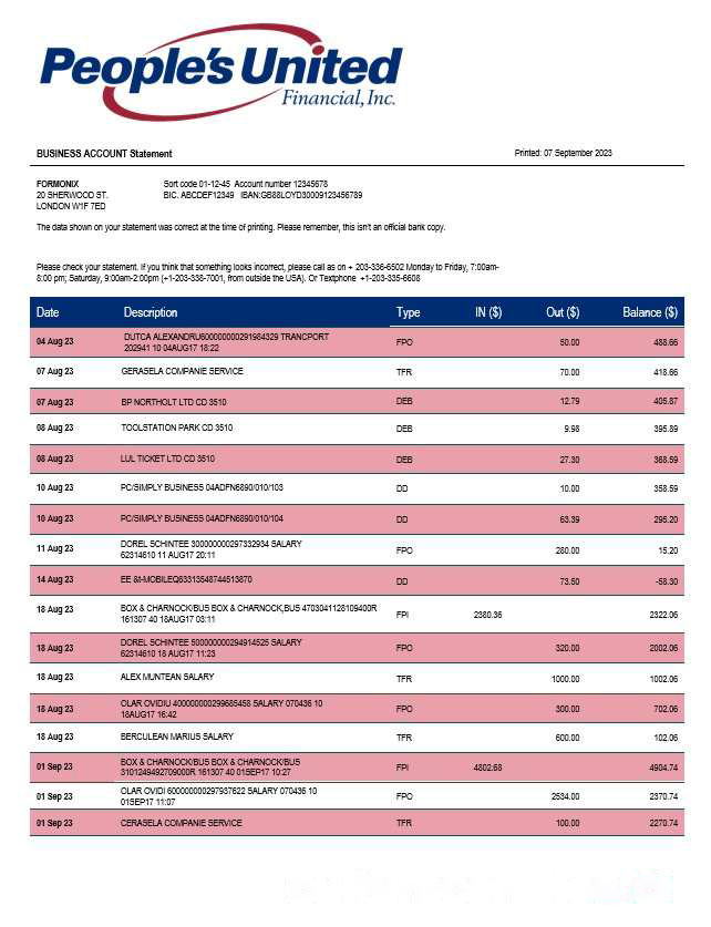 People??s United Bank business statement Word and PDF template download template file