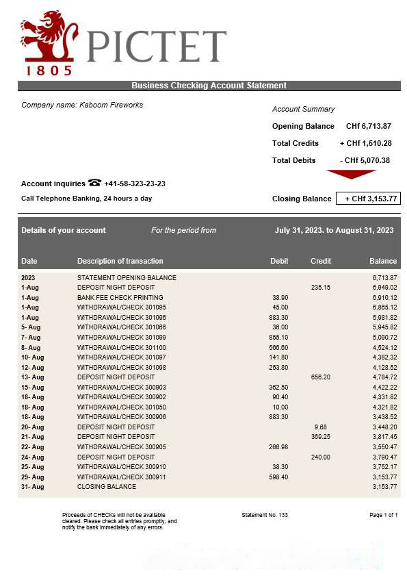 Pictet Bank firm account statement Word and PDF template download template file
