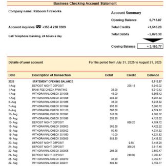 ProcreditBank company checking account statement Word and PDF template download template file