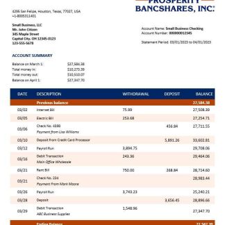 Prosperity Bancshares Inc company checking account statement Word and PDF template download template file