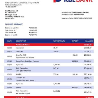RBL Bank enterprise account statement Word and PDF template download template file