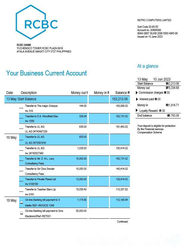 RCBC Bank organization account statement Word and PDF template download template file