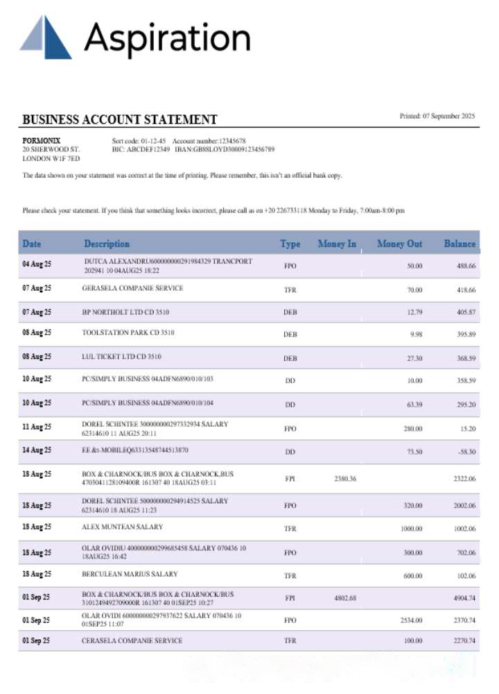 Aspiration bank business account statement Word and PDF template download template file