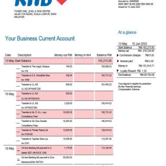RHB Bank company checking account statement Word and PDF template download template file