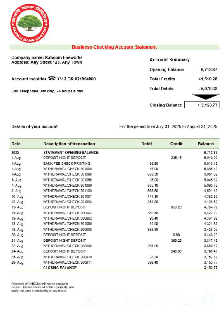 Rupali company checking account statement Word and PDF template download template file
