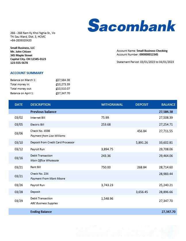 Sacombank organization checking account statement Word and PDF template download template file