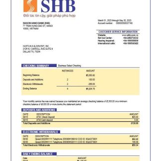 Saigon Hanoi Bank (SHB) organization account statement Word and PDF template download template file