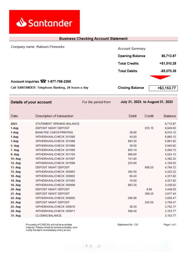 Santander Bank company account statement Word and PDF template download template file