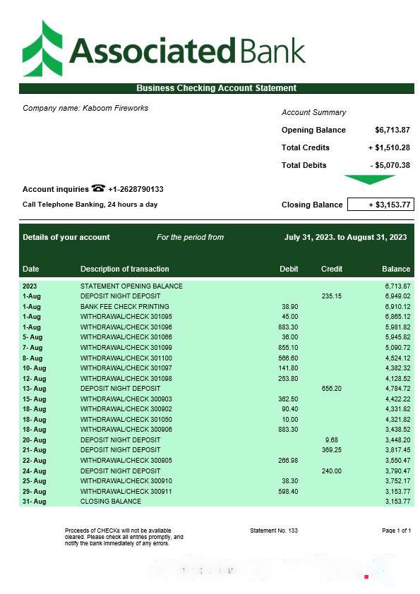 Associated Bank business statement Word and PDF template download template file