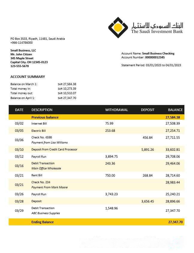 Saudi Investment Bank business checking account statement Word and PDF template download template file